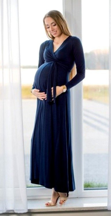 109 Wizytowa Sukienka z długim rękawem MIRACLE- granat w kwiaty