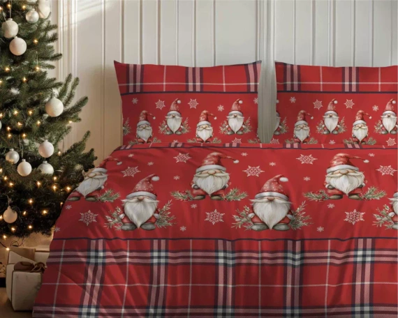 5622 A Magia Świąt Pościel flanelowa świąteczna Detexpol czerwona w kratę ze skrzatami i śnieżynkami – bawełna 100%, 160 g/m², zamek, OEKO-TEX®