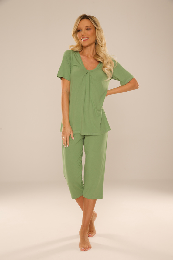 878 Dahlia Piżama damska De Lafense – wiskoza, krótki rękaw, 3/4 spodnie - szałwia