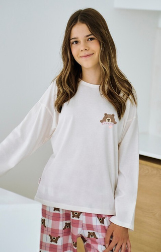 3503 Astrid Piżama dziewczęca Taro beżowa – bawełna, nadruk, spodnie w kratkę