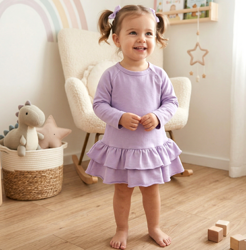 ABN-5487 Underwater World Sukienka niemowlęca Nini - bawełna organiczna, fioletowa, długi rękaw