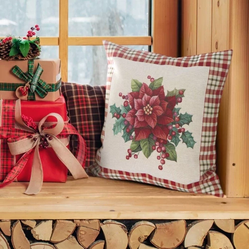 Chp 1273 Poszewka świąteczna gobelinowa kwiaty Eurofirany beżowy