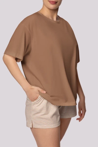 Stripe shortsleeve Piżama damska Mona karmel