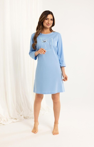 166 Koszula damska bawełniana niebieska – rękaw 3/4, nadruk, długość do kolan