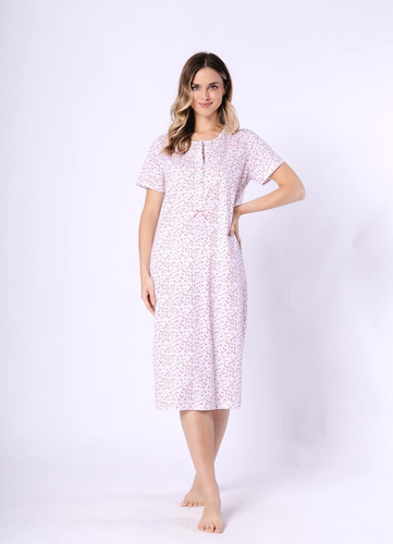 Koszula damska Oriana 1723/1760 Leveza koralowy bawełniana, krótki rękaw, guziki, midi