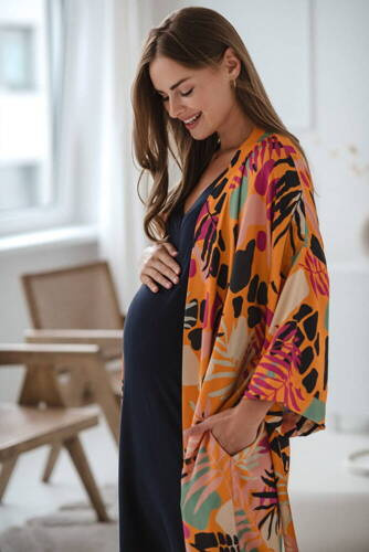 Tropical Orange szlafrok bambusowy ciążowy Milk&Love pomarańczowy