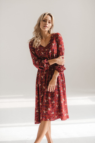 Lovely Dress Midi Sukienka ciążowa i do karmienia Milk&Love – bordowa w kwiaty, długi rękaw