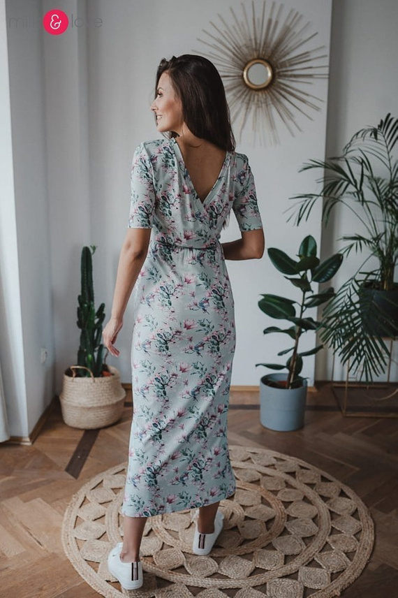 Sukienka do karmienia Two Ways LONG krótki rękaw Milk&Love miętowa w magnolie i ptaki