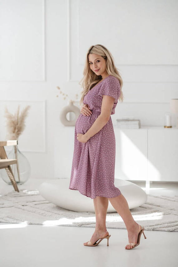Lovely Dress Midi Milk&Love sukienka ciążowa i do karmienia lilowy róż w groszki