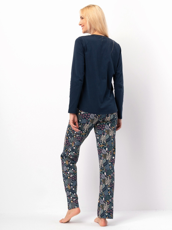 Piżama damska Key LNS 570 morski ciemny – bawełna, długi rękaw, elegancka