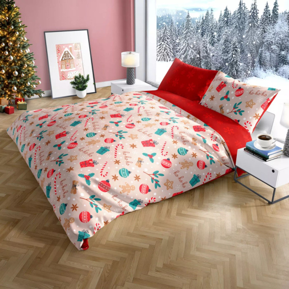 Scandic 082 Pościel świąteczna Scandic Faro beżowo-czerwona z pierniczkami– dwustronna bawełna 100%, zamek