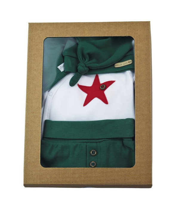 163060 Komplet czapka, body, apaszka i spodnie "Magia Świąt" Nicol - zielony / gwiazdka