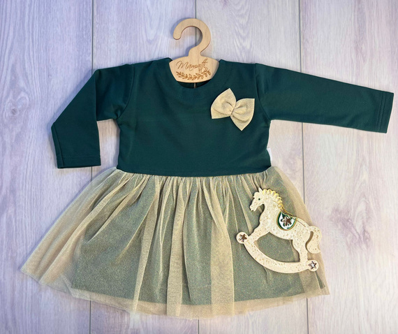 Sukienka dla dziewczynki Mamatti SH03 Merry Christmas – zielona ze złotym tiulem i długim rękawem