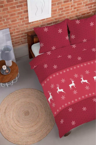 5621 A Magia Świąt Pościel flanelowa świąteczna Detexpol czerwona w renifery i śnieżynki– bawełna 100%, 160 g/m², zamek, OEKO-TEX®