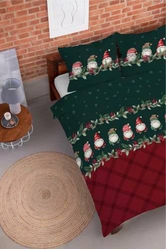 5618 A Magia Świąt Pościel flanelowa świąteczna Detexpol w skrzaty na bordowo-zielonym tle– bawełna 100%, 160 g/m², zamek, OEKO-TEX®