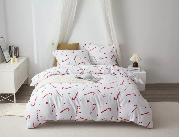 Candycanes Pościel świąteczna bawełniana satynowa Spod Igły i Nitki biała czerwona cukierki – elegancka i miękka