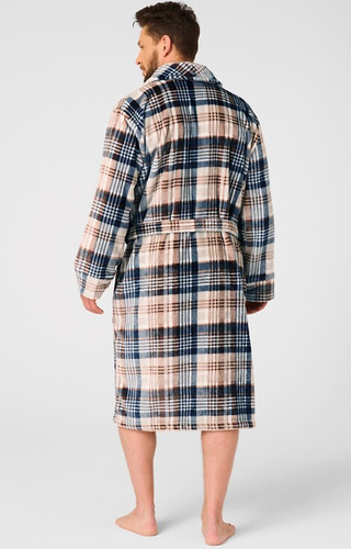 MGL 443 Szlafrok męski Key beżowy  – kratka, soft, szalowy kołnierz