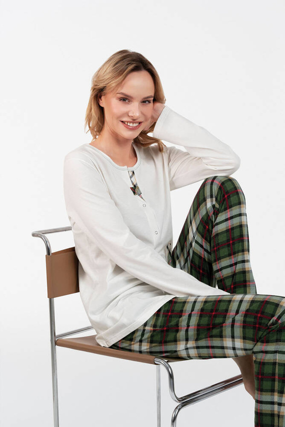 Asama Rozpinana Piżama Damska długi rękaw, długie spodnie Italian Fashion - ecru/druk