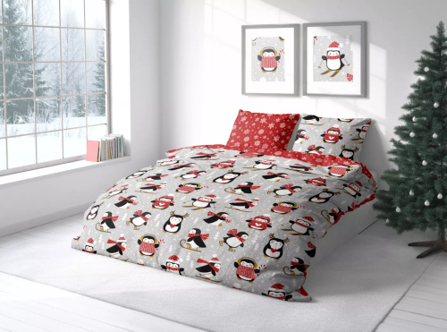 Scandic 076 Pościel świąteczna Scandic Faro szaro-czerwona z pingwinami– dwustronna bawełna 100%, zamek