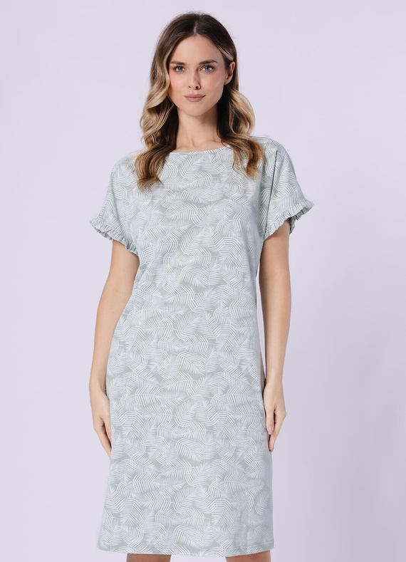 Koszula nocna damska 1728 Elif Leveza groszkowy – 100% bawełna, krótki rękaw z falbanką, print roślinny, długość przed kolano