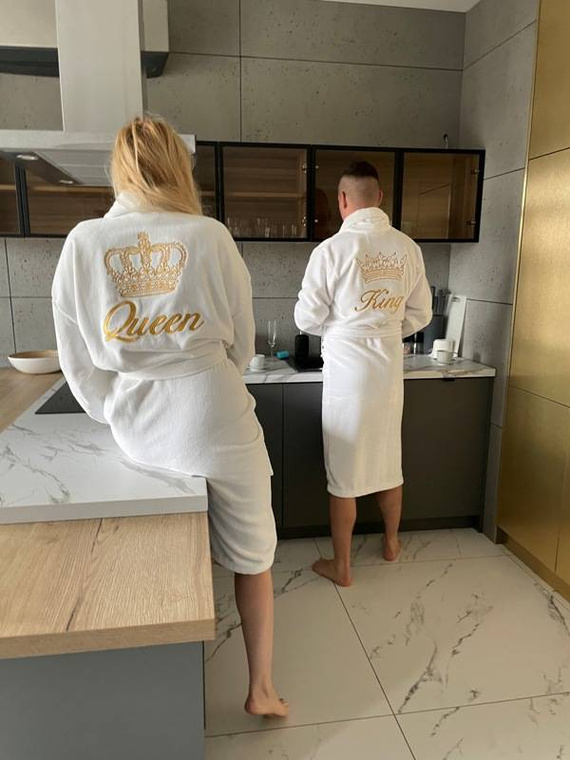 Queen + Korona Szlafrok damski polarowy ByShelly - biały/złoty