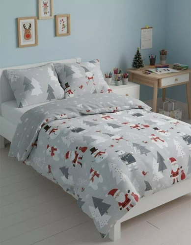 Scandic 079 Pościel świąteczna Scandic Faro szara z Mikołajami– dwustronna bawełna 100%, zamek
