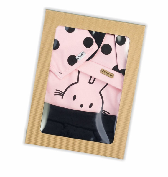 Komplet 163381 "Bunny Groszki" czapka, apaszka, body i spodnie Nicol - róż