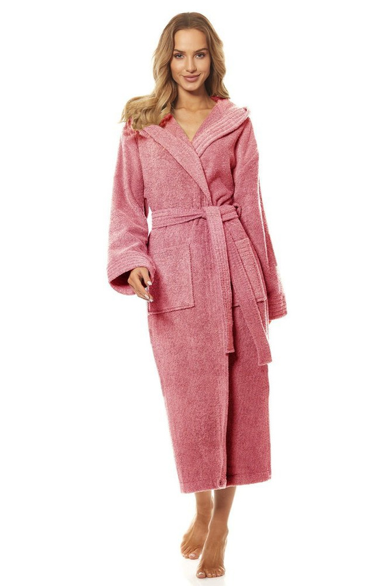 2102 Długi Szlafrok Damski Frotte L&L - różowy pudrowy