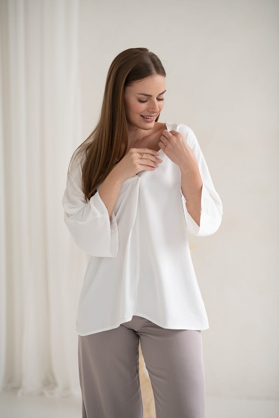 Mamafullness Bluzka ciążowa do karmienia Milk&Love biały – wiskoza, rękaw 3/4, oversize