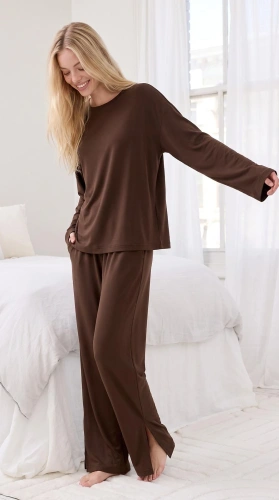 Piżama damska Luna 1312 100% bawełna oversize szerokie spodnie homewear- brązowa