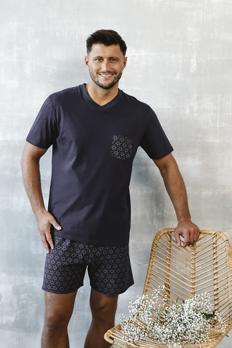 Diaz Piżama Męska krótki rękaw, spodenki Italian Fashion - granatowy/druk