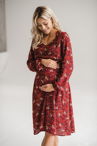 Lovely Dress Midi Sukienka ciążowa i do karmienia Milk&Love – bordowa w kwiaty, długi rękaw