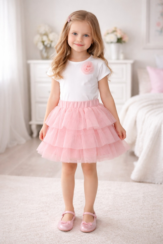 Róża bluzka dziewczęca Bambarillo śmietankowa elegancka z aplikacją różową