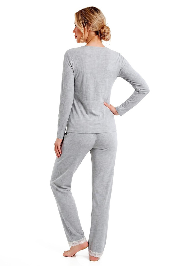 Donna Megi Long Szara Piżama Damska Długi Rękaw i Spodnie Koronka