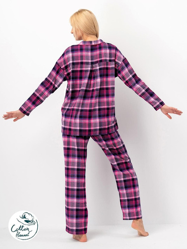 Piżama damska Key LNS 490 fuksjowy– bawełna flanelowa, długi rękaw, guziki