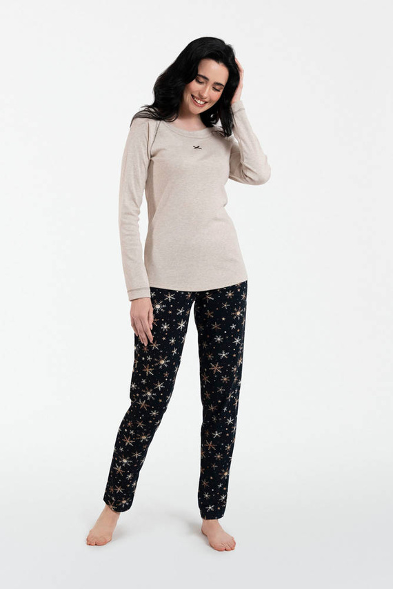 Denali Piżama Damska długi rękaw, długie spodnie Italian Fashion- beżowy melanż/druk