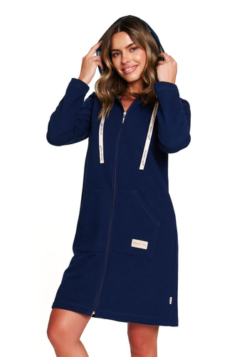 Doctor Nap 7364 – Szlafrok damski bawełniany na zamek z kapturem | 100% bawełna, polska produkcja - navy blue