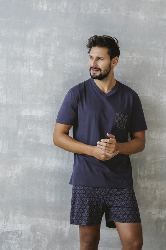 Diaz Piżama Męska krótki rękaw, spodenki Italian Fashion - granatowy/druk