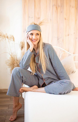 Piżama damska LNS 429 Key pepitka – bawełna, długi rękaw, zapinana na guziki