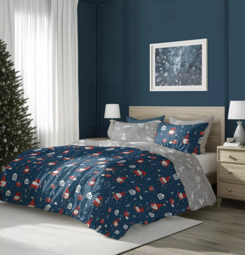 Scandic 081 Pościel świąteczna Scandic Faro granatowo-szara ze skrzatami– dwustronna bawełna 100%, zamek