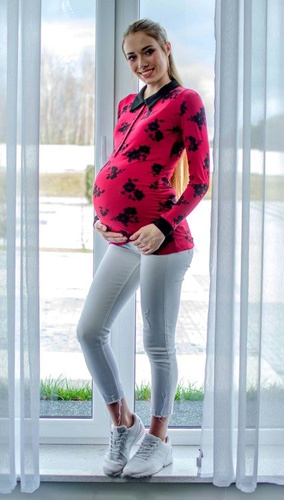 012 Bluzka ciążowa Polo długi rękaw  MIRACLE-  bordowa- czarne kwiaty