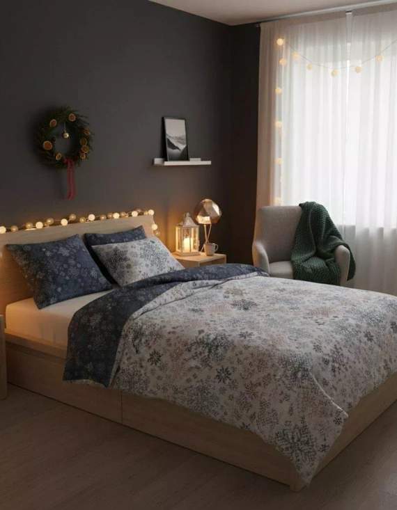 Scandic 077 Pościel świąteczna Scandic Faro biała i granatowa w śnieżynki– dwustronna bawełna 100%, zamek