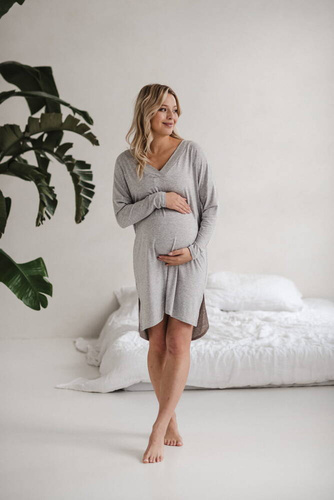 Moon bambusowa koszula nocna ciążowa i do karmienia długi rękaw Milk&Love jasny szary