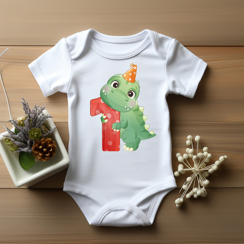 "ROCZEK dla chłopca, dinozaur jedynka" Moocha Body krótki rękaw biały