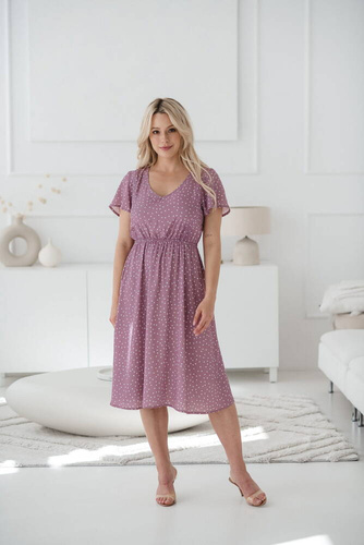Lovely Dress Midi Milk&Love sukienka ciążowa i do karmienia lilowy róż w groszki