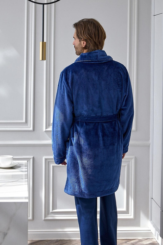 L&L Elegant 2664 Szlafrok Męski Krótki Waflowy Miękki z Kołnierzem navy