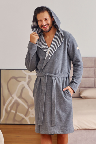 7230 Szlafrok męski Doctor Nap – bawełna, kaptur, eleganckie wykończenia - dark grey