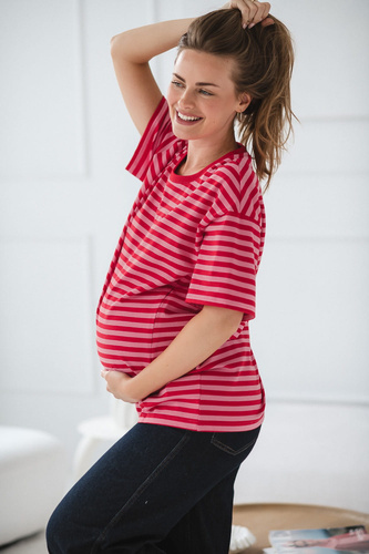 Mamahood T-shirt ciążowy i do karmienia Milk&Love czerwono-różowe paski– wygodny i stylowy