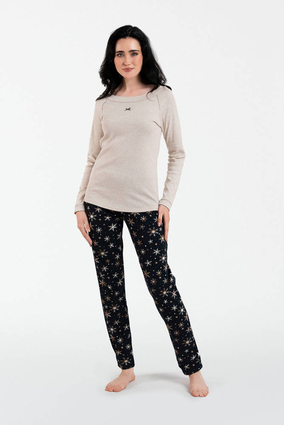 Denali Piżama Damska długi rękaw, długie spodnie Italian Fashion- beżowy melanż/druk