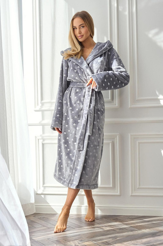 Szlafrok damski 2551 Amira L&L szary – długi z kapturem | Elegancja i komfort